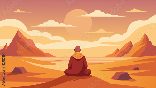 A vast desert landscape serves as the backdrop for a Stoic monk who meditates on the impermanence of the world.. Vector illustration