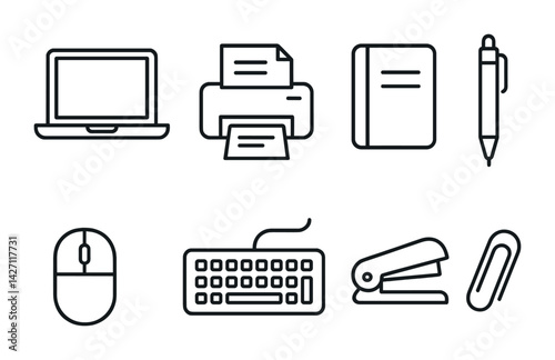 Office equipment icon set – outline style work and business symbols for productivity, desk organization, and office supplies: laptop, printer, notebook, pen, mouse, keyboard, stapler, paperclip