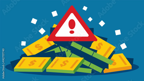 A pile of money with a red warning sign representing the potential pitfalls of trusting predatory lenders.. Vector illustration