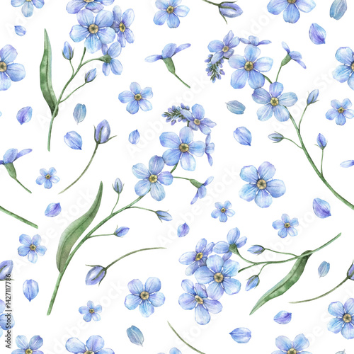 Light blue beautiful branches of spring forget-me-not flower. Delicate botanical watercolor seamless pattern, suitable for eco-branding, packaging, cards, wedding designs and botanical prints.