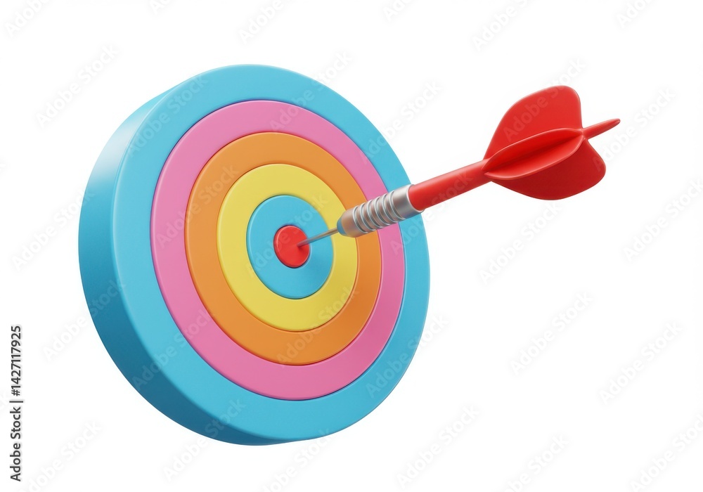 Dart hitting the bullseye on a colorful circular target board isolated on white background Dart hitting the bullseye on a colorful circular target board isolated on white background