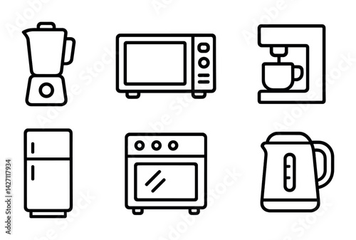 Kitchen and appliances icon set – outline style domestic devices and cooking tools for home and culinary design: blender, microwave, coffee maker, refrigerator, oven, kettle