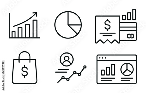 Finance and analytics icon set – outline style banking and data visualization symbols for economic tracking and reporting: bar chart, pie chart, invoice, credit card, shopping bag, user graph, web