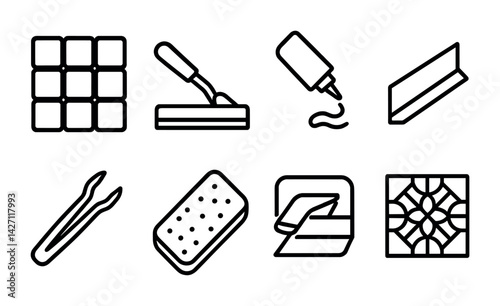 Construction and renovation icon set – outline style building and home improvement graphics: trowel, tile, adhesive, grout float, brick, level, sponge, pliers