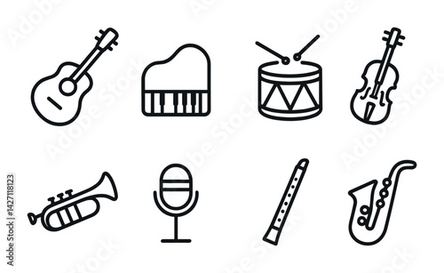 Musical instruments icon set – outline style music and sound symbols for artists and composers: guitar, piano, drum, violin, trumpet, microphone, flute, saxophone
