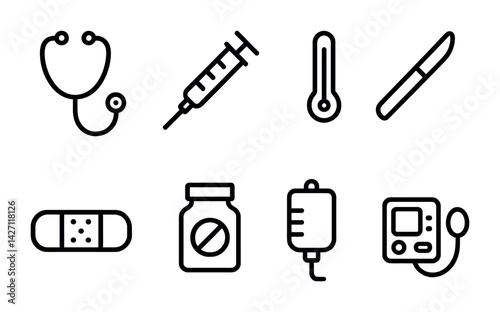 Healthcare and medical outline icons set – line style symbols for hospital supplies and equipment: stethoscope, syringe, thermometer, scalpel, bandage, pill bottle, iv bag, monitor