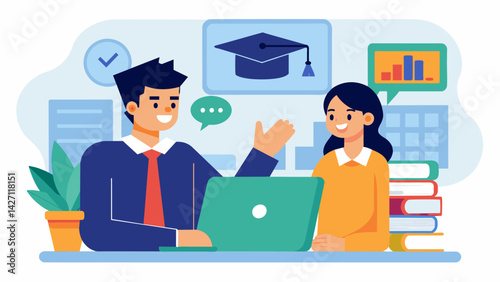 A student and financial advisor meet over a virtual video call discussing the pros and cons of different types of student loans and how they will. Vector illustration
