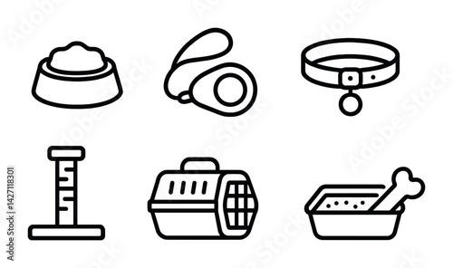 Pet care icon set – line style animal and pet management symbols for grooming, training, and accessory needs: leash, bowl, collar, scratching post, carrier, litter box