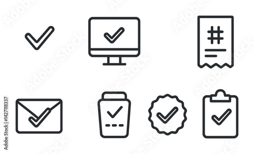 Checklist and task management icon set – outline style productivity and efficiency symbols for organization, planning, and tracking: checkmark, computer monitor, receipt, envelope, file, badge,