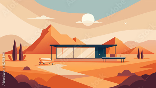A peaceful desert retreat with minimalist accommodation and vast open space offering a quiet and undisturbed environment to practice Stoic principles.. Vector illustration