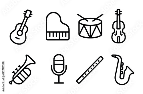 Musical instruments icon set – outline style for music apps and educational materials: guitar, piano, drum, violin, trumpet, microphone, flute, saxophone