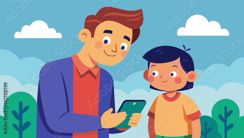 A parent watches on with a mixture of pride and awe as their child confidently navigates through their new smartphone quickly picking up its features. Vector illustration