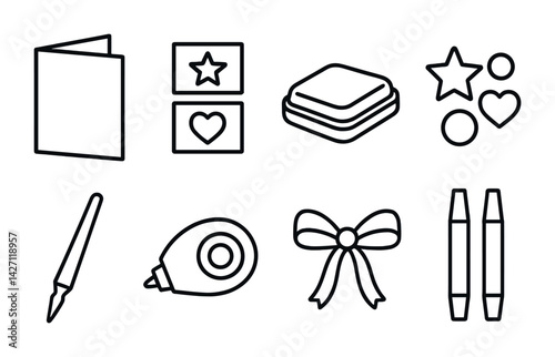 Craft accessories icon set – outline style for diy and scrapbooking: scissors, tape dispenser, bow, twin markers, greeting card, star, heart, stickers