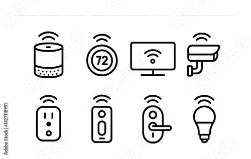 Smart home technology icon set – outline style automation and connectivity symbols for modern living, home security, and wireless control: smart speaker, thermostat, monitor, camera, plug, switch,