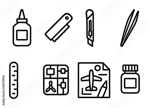 Crafting and workshop tool icon set – outline style diy and handicraft symbols for creative projects: glue, saw, cutter, tweezers, ruler, blueprint, jar