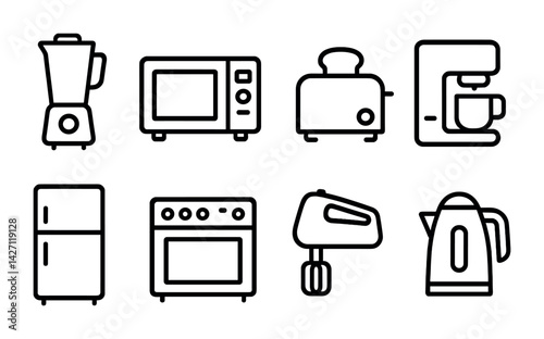 Kitchen appliance icon set – line style household and cooking symbols for culinary design, home organization, and recipes: blender, microwave, toaster, coffee maker, refrigerator, oven, mixer, kettle