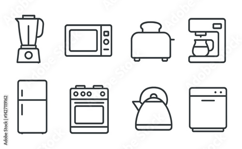 Kitchen appliances icon set – outline style household and cooking equipment symbols for home design, culinary tools, and food preparation: blender, microwave, toaster, coffeemaker, fridge, stove,