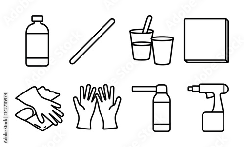 Cleaning tools icon set – outline style hygiene and janitorial symbols for sanitation, housekeeping, and maintenance: spray bottle, gloves, mop, bucket, cloth, brush, drill