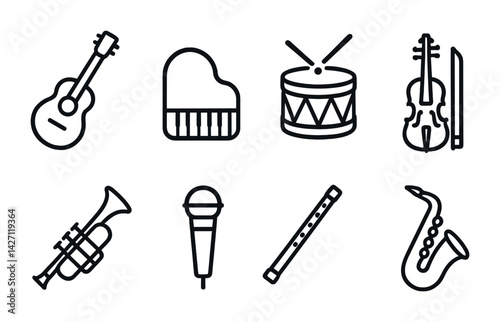 Music instrument icon set – line style graphics for musicians, bands, and orchestras: guitar, piano, drum, violin, trumpet, microphone, flute, saxophone