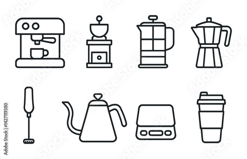 Coffee equipment icon set – outline style cafe tools and barista essentials for brewing: espresso machine, coffee grinder, french press, moka pot, milk frother, kettle, scale, travel mug