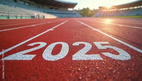 Vibrant red track field with white lines, number 2025. Perspective view with stadium seating. Athletic competition, running track event ready for athletes to compete in the future.
