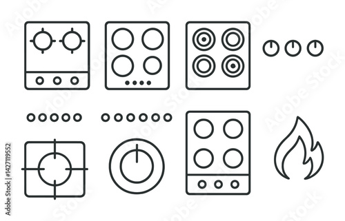 Kitchen appliances icon set – outline style cooking equipment symbols for culinary design, home kitchen visualization, appliance illustration: stove, oven, burners, dials, gas flame