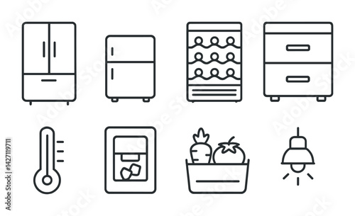 Kitchen appliances icon set – linear style cooking and home essentials symbols for culinary tools, refrigeration, storage: refrigerator, freezer, wine rack, thermometer, vegetable tray, ice maker,