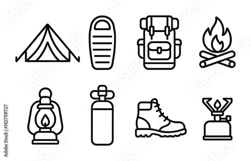 Camping and outdoor adventure icons set – outline style wilderness exploration symbols for hiking, trekking, and backpacking: tent, sleeping bag, backpack, campfire, lantern, water bottle, hiking