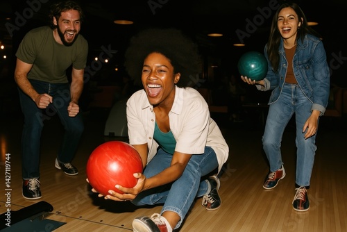 Joyful friends bowling together.