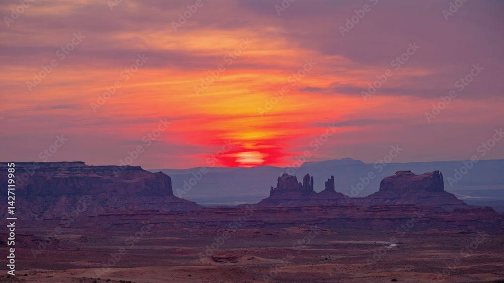 The sun is setting on the mesa, casting a warm glow over the landscape. The red rocks are bathed in hues of orange and pink, indicating the end of the day.