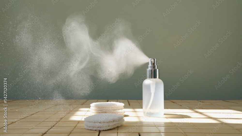 Table with disinfectant products like hand sanitizer, wipes, and air freshener for maintaining cleanliness and hygiene during the pandemic. Essential supplies.