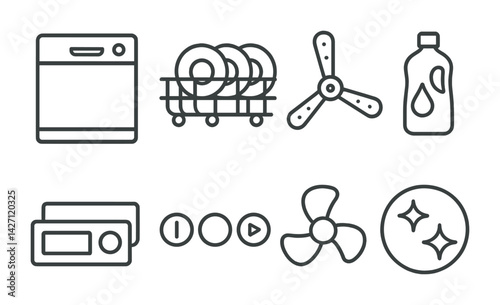Kitchen appliances linear icons set – line art home appliance symbols for cooking and cleaning: dishwasher, tableware, fan, detergent bottle, control panel, buttons, shine