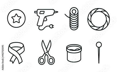 Crafting and sewing icon set – outline style diy and hobby symbols for creative projects: star button, glue gun, thread spool, thimble, ribbon, scissors, paint can, pin