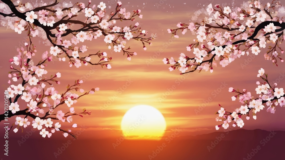 Image depicts a tranquil sunset scene with cherry blossom branches framing the horizon. The sky is vibrant with hues of orange, pink and yellow, capturing the essence of a serene evening.