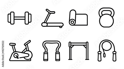 Fitness and gym linear icons set – outline style exercise and workout symbols for healthy living, strength training, and cardio: dumbbell, treadmill, yoga mat, kettlebell, exercise bike, resistance