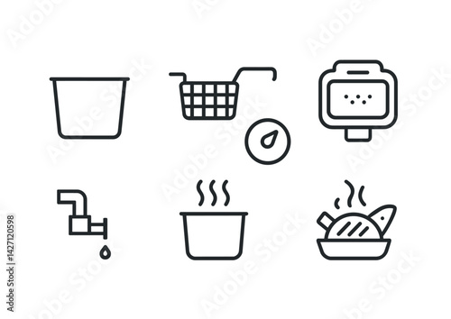 Cooking and kitchen linear icon set – outline style culinary and kitchenware symbols for food preparation and cooking: pot, basket, thermometer, oven, faucet, boiling pot, dish