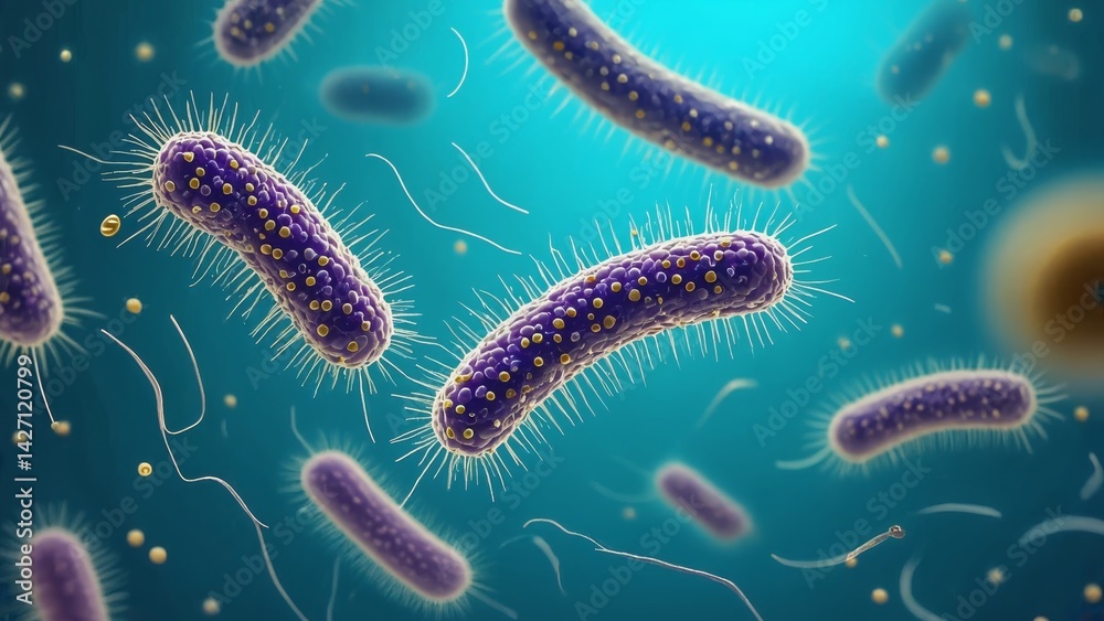 The image depicts numerous bacterial cells in water, highlighting the microscopic nature of these pathogens and their potential impact on health.