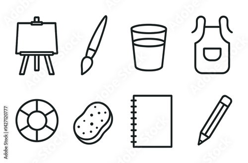 Art and craft line icons set – outline style creative hobby symbols: easel, paintbrush, water cup, apron, palette, sponge, notebook, pencil