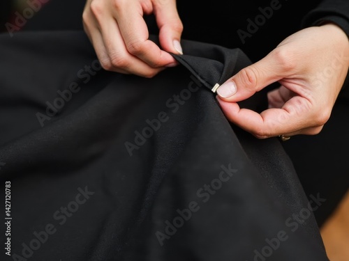 Obraz na płótnie A close-up view of a woman's hands carefully sewing a dark cloth banner, conveying both concentration and a hint of nervousness as the Ashura event approaches. w salonie