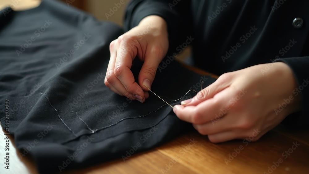 Close-up view of a woman's hands delicately sewing a black banner, capturing her focused expression and the significance of her work for Ashura.