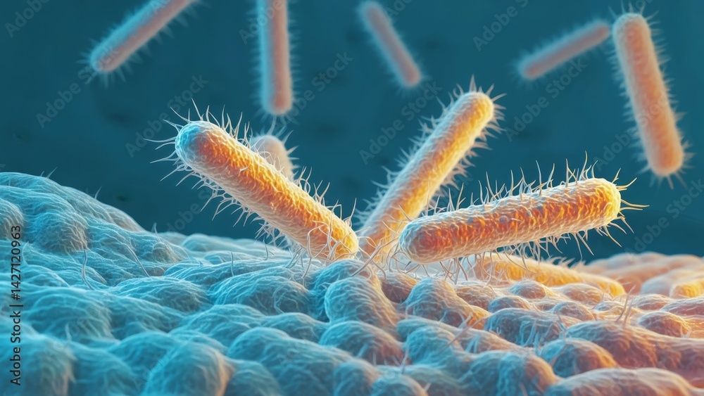 Colonies of bacteria in a microscopic view with various stages of growth and interaction.