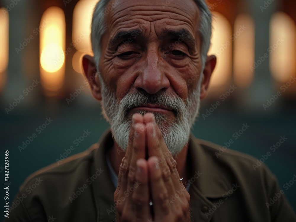 An elderly man with a weathered face expresses deep emotions while praying in a mosque as dawn light gently illuminates him. His hands are clasped in prayer.