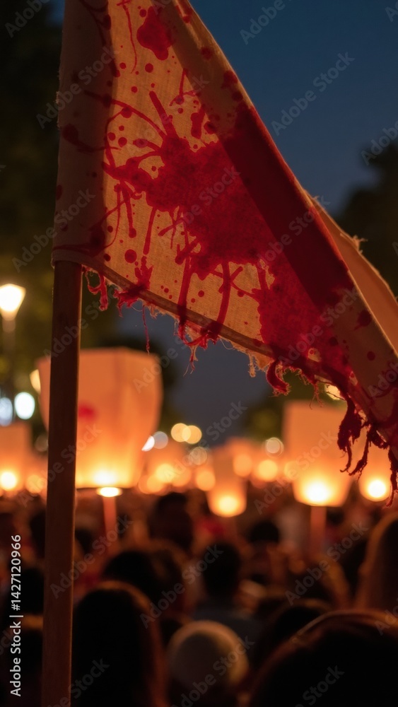A blood stained banner flutters softly in the night breeze, illuminated by warm lantern light, as a crowd holds candles, creating a powerful atmosphere of protest.