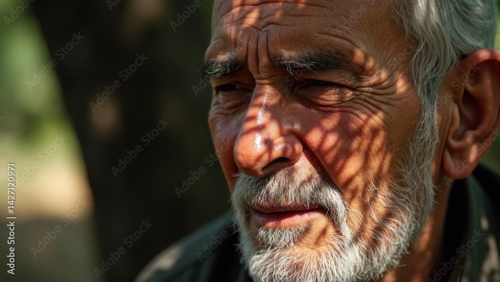 An elderly man listens intently to a sorrowful song, tears on his cheeks; the soft shadows of tree branches highlight his weathered features in a reflective moment.