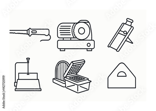Kitchen appliances icon set — outline style culinary and cooking equipment symbols: meat slicer, mandoline, waffle iron, bread slicer, egg slicer