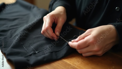 Obraz na płótnie Close-up view of a woman's hands delicately sewing a black banner, capturing her focused expression and the significance of her work for Ashura. w salonie