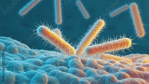 Obraz na płótnie Colonies of bacteria in a microscopic view with various stages of growth and interaction. w salonie