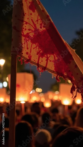Obraz na płótnie A blood stained banner flutters softly in the night breeze, illuminated by warm lantern light, as a crowd holds candles, creating a powerful atmosphere of protest. w salonie