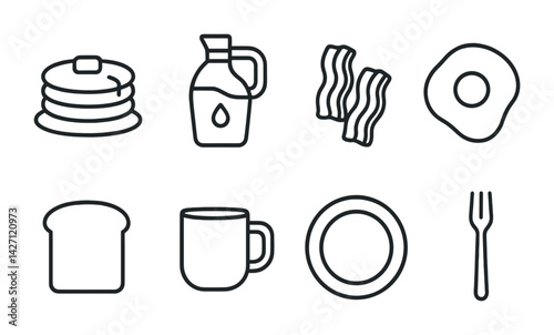 Breakfast food icon set – outline style culinary and morning meal symbols for kitchen and dining: pancakes, syrup, bacon, egg, toast, mug, plate, fork
