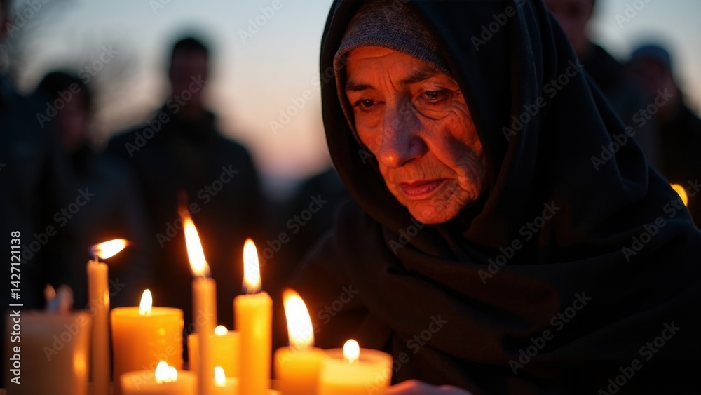 An elderly woman dressed in a black chador lights candles at dusk, her sorrowful gaze reflecting the flickering flames as she finds solace in the moment.